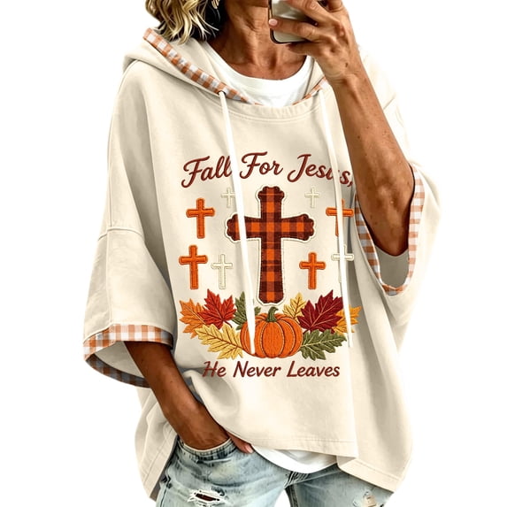 Arlun Women's Fall for Jesus He Never Leaves Hoodies Drop Shoulder 3/4 Sleeve Hooded Sweatshirt Vintage Plaid Pumpkin Maple Leaf Print Casual Loose Pullovers Beige XXL