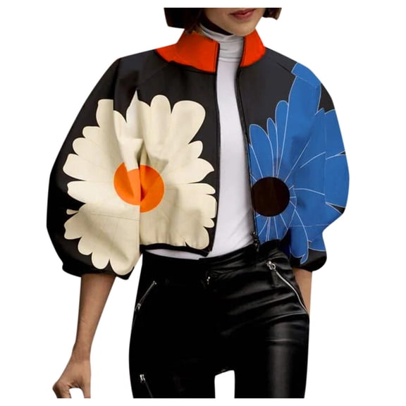 Arlun Women's Fall Spring Polka Dot Floral Cropped Coats Lightweight Stand Collar Puff Sleeve Fashion Trendy Jackets Full Zipper Long Sleeve Floral Printed Fashion Outwear Blue M