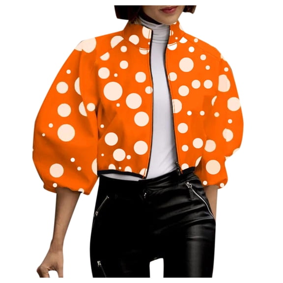 Arlun Women's Fall Spring Polka Dot Floral Cropped Coats Lightweight Stand Collar Puff Sleeve Fashion Trendy Jackets Full Zipper Long Sleeve Floral Printed Fashion Outwear Orange M