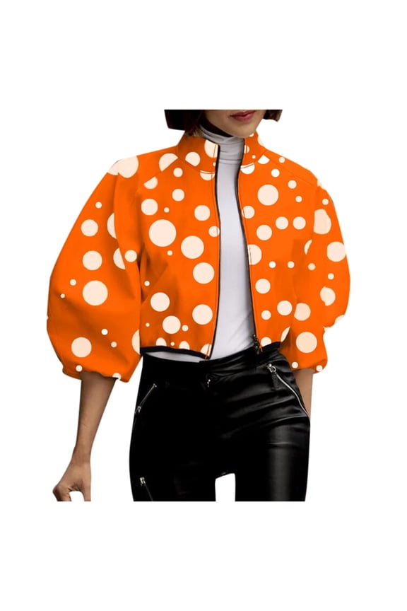 Women's Fall Spring Polka Dot Floral Cropped Coats Lightweight Stand Collar Puff Sleeve Fashion Trendy Jackets Full Zipper Long Sleeve Floral Printed Fashion Outwear Orange L