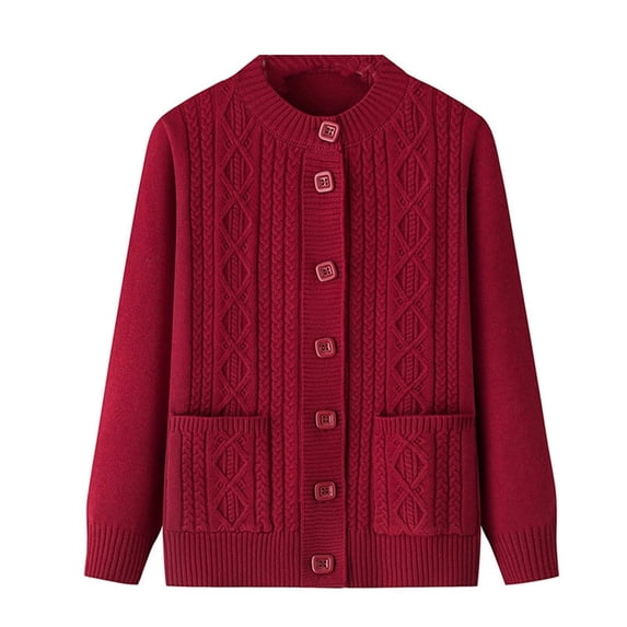 Arlun Women's Fall Winter Knitted Cardigans Sweater with Pockets Soft Comfy Thermal Button down Cardigan Crewneck Long Sleeve Solid Color Outerwear for Elderly