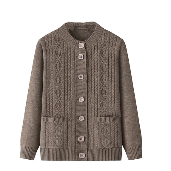 Arlun Women's Fall Winter Knitted Cardigans Sweater with Pockets Soft Comfy Thermal Button down Cardigan Crewneck Long Sleeve Solid Color Outerwear for Elderly