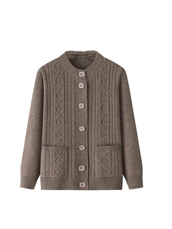 Women's Fall Winter Knitted Cardigans Sweater with Pockets Soft Comfy Thermal Button down Cardigan Crewneck Long Sleeve Solid Color Outerwear for Elderly