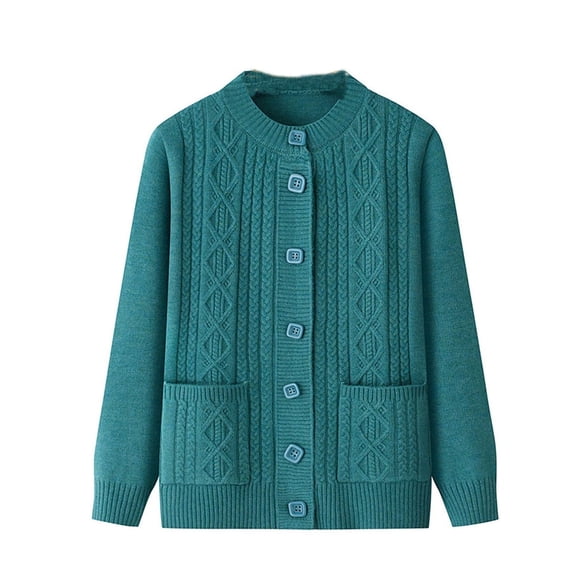 Arlun Women's Fall Winter Knitted Cardigans Sweater with Pockets Soft Comfy Thermal Button down Cardigan Crewneck Long Sleeve Solid Color Outerwear for Elderly
