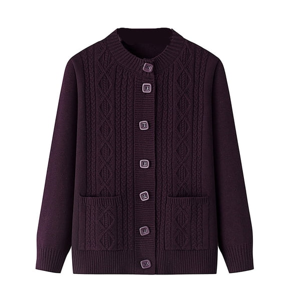 Arlun Women's Fall Winter Knitted Cardigans Sweater with Pockets Soft Comfy Thermal Button down Cardigan Crewneck Long Sleeve Solid Color Outerwear for Elderly
