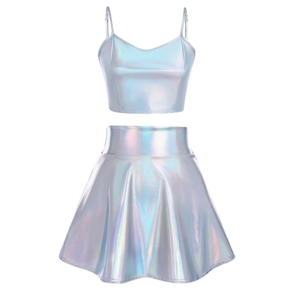 Arlun Women's Fashion Stage Carnival Performance Outfits Spaghetti Straps and Pleated Skirt 2 Piece Metallic Skater Set Fashion Holiday Party Clothes Silver S