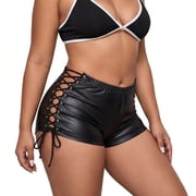 Arlun Womens Leather Mini Shorts Low Waist Lace up Side Hot Pants Party Club 2026 Fashion Stretchy Slim Fitted Sultry Belted Shorts with Eyelet Straps Design 1-Black L