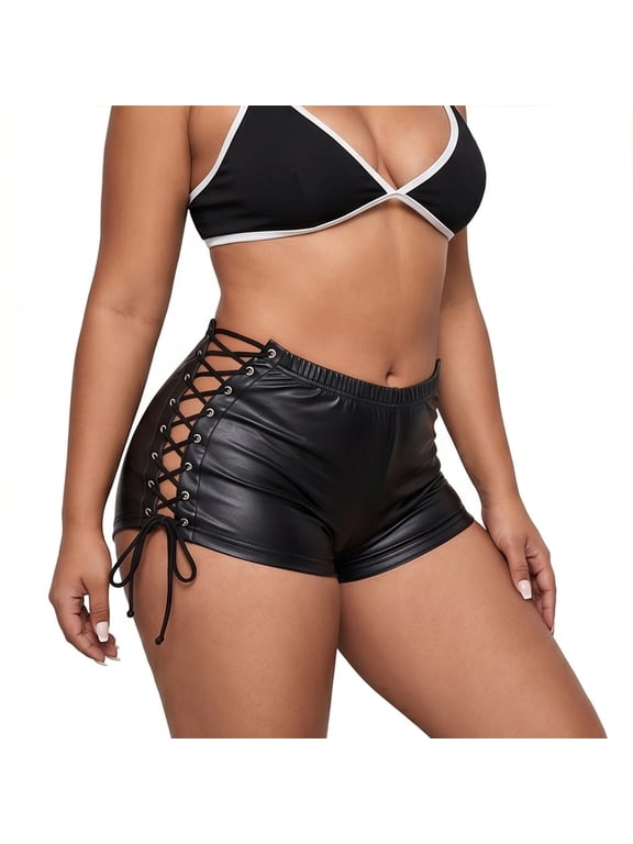 Women's Leather Mini Shorts Low Waist Lace up Side Hot Pants Party Club 2026 Fashion Stretchy Slim Fitted Sultry Belted Shorts with Eyelet Straps Design 1-Black XL