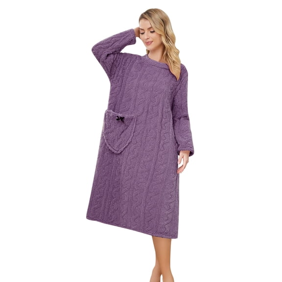 Arlun Women's Flannel Nightgown Fuzzy Cozy Plush Warm Winter Long Sleeve Pullover Loungewear Sleepdress with Pocket Solid Twisted Ribbing Loose Comfy Long Sleepwear Purple M