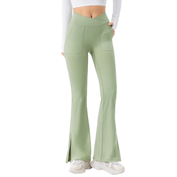 Arlun Women's Flare Leggings with Pockets Crossover High Waist Soft Comfort Bootcut Yoga Pants Casual Solid Color Split-Hem Bell Bottom Stretch Slim Sports Trousers Light Green XXL