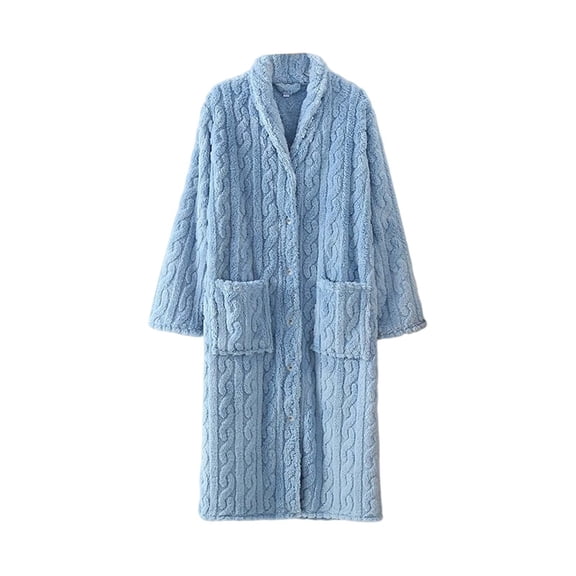 Arlun Women's Fleece Long Robes Plain Soft Bathrobe Warm Button down Long Sleeve Housecoat Fuzzy Comfy Spa Pajama Robes with Pockets Loungewear Sleepwear Light Blue XL