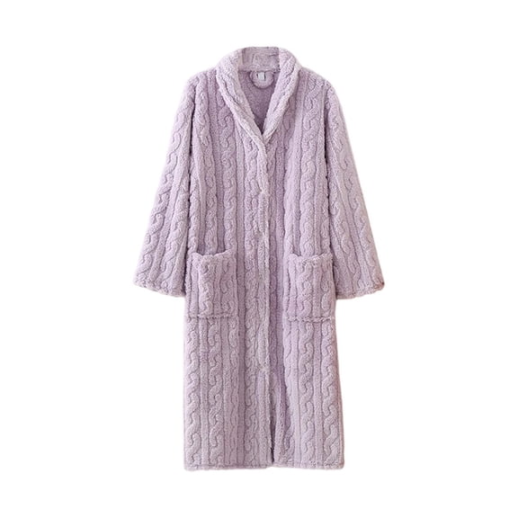 Arlun Women's Fleece Long Robes Plain Soft Bathrobe Warm Button down Long Sleeve Housecoat Fuzzy Comfy Spa Pajama Robes with Pockets Loungewear Sleepwear Light Purple M