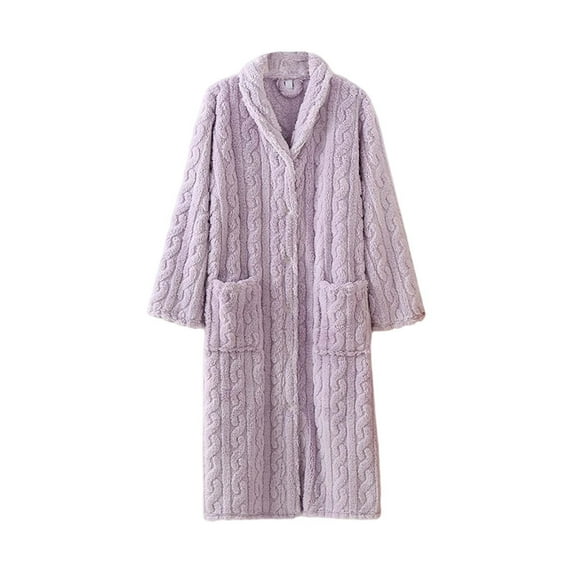 Arlun Women's Fleece Long Robes Plain Soft Bathrobe Warm Button down Long Sleeve Housecoat Fuzzy Comfy Spa Pajama Robes with Pockets Loungewear Sleepwear Light Purple L