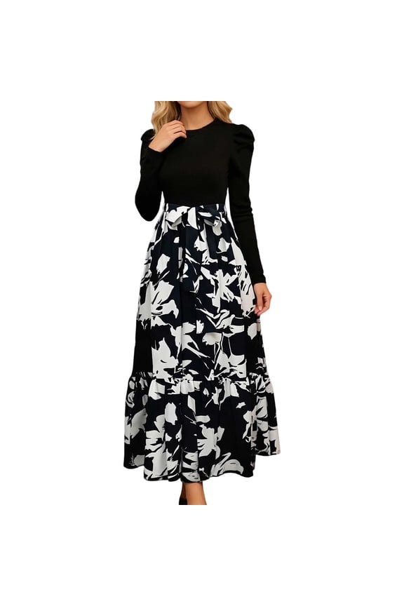 Women's Floral Print Color Block Maxi Dress Puff Sleeves Belted a Line Dresses Crewneck Long Sleeve High Waist Casual Frock 2026 Spring Outfits 2-Black S
