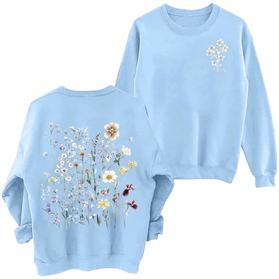 Arlun Women's Floral Printed Sweatshirts Vintage Flower Graphic Drop Shoulder Long Sleeve Sweatshirt Cute Boho Thermal Comfy Crewneck Pullover Tops 3-Blue XXL