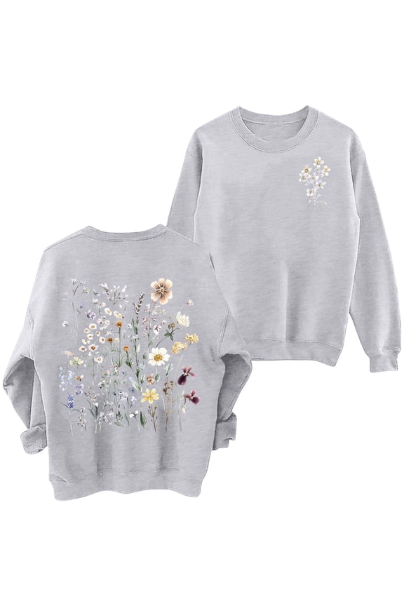 Women's Floral Printed Sweatshirts Vintage Flower Graphic Drop Shoulder Long Sleeve Sweatshirt Cute Boho Thermal Comfy Crewneck Pullover Tops 3-Grey L
