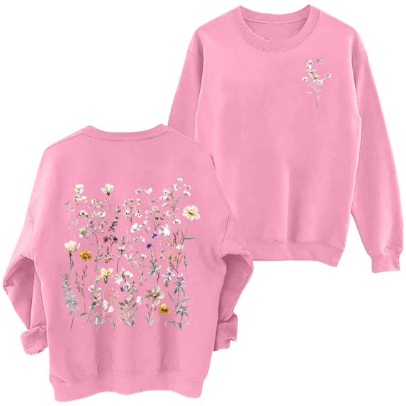 Arlun Women's Floral Printed Sweatshirts Vintage Flower Graphic Drop Shoulder Long Sleeve Sweatshirt Cute Boho Thermal Comfy Crewneck Pullover Tops 1-Pink L