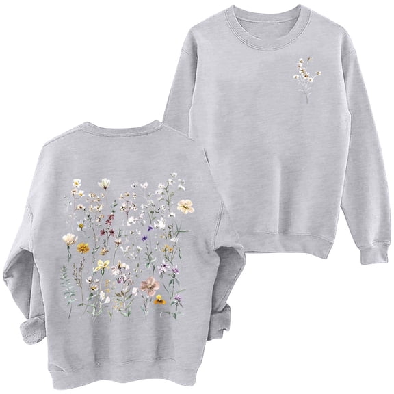 Arlun Women's Floral Printed Sweatshirts Vintage Flower Graphic Drop Shoulder Long Sleeve Sweatshirt Cute Boho Thermal Comfy Crewneck Pullover Tops 1-Grey L