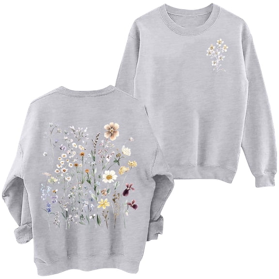 Arlun Women's Floral Printed Sweatshirts Vintage Flower Graphic Drop Shoulder Long Sleeve Sweatshirt Cute Boho Thermal Comfy Crewneck Pullover Tops 3-Grey XXL