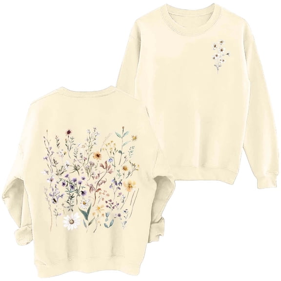 Arlun Women's Floral Printed Sweatshirts Vintage Aesthetic Flower Graphic Drop Shoulder Long Sleeve Sweatshirt Cute Boho Thermal Comfy Crewneck Pullover Tops 2-Beige XL