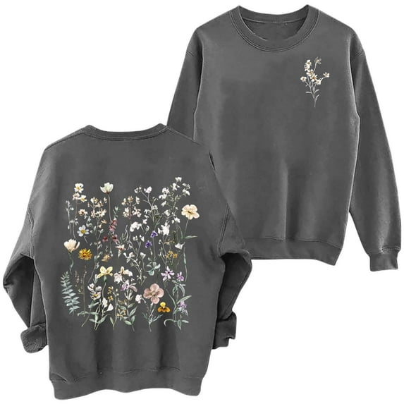 Arlun Women's Floral Printed Sweatshirts Vintage Flower Graphic Drop Shoulder Long Sleeve Sweatshirt Cute Boho Thermal Comfy Crewneck Pullover Tops 1-Dark Gray XXL