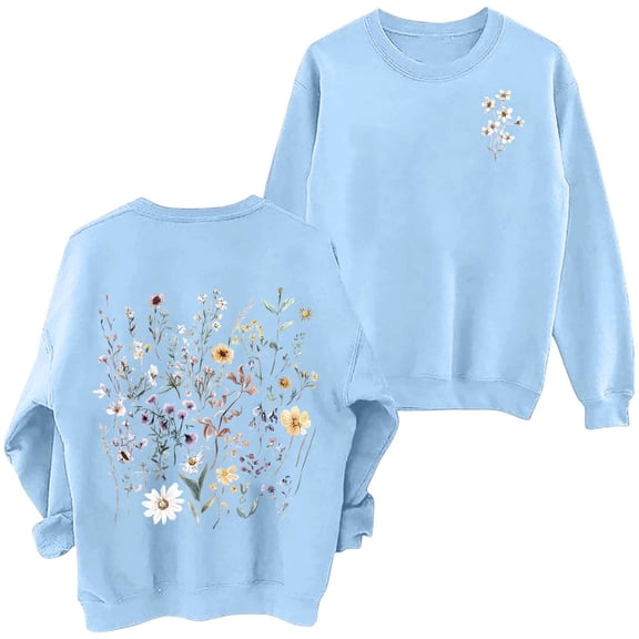 Arlun Women's Floral Printed Sweatshirts Vintage Flower Graphic Drop Shoulder Long Sleeve Sweatshirt Cute Boho Thermal Comfy Crewneck Pullover Tops 2-Blue L