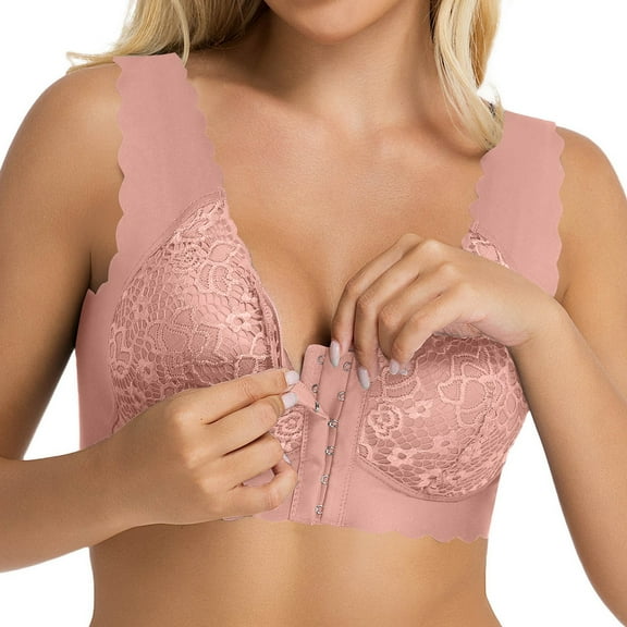 Arlun,Women's Front Hook Wireless Bras,Plus Size Smoothing Seamless Comfort Bras Lace Trim Design, Wide Bands Plus Size Front Closure Everyday Bras for Old Women Pink XL