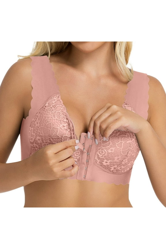 ,Women's Front Hook Wireless Bras,Plus Size Smoothing Seamless Comfort Bras Lace Trim Design, Wide Bands Plus Size Front Closure Everyday Bras for Old Women Pink XL