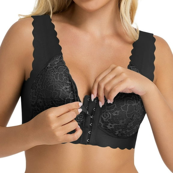 Arlun,Women's Front Hook Wireless Bras,Plus Size Smoothing Seamless Comfort Bras Lace Trim Design, Wide Bands Plus Size Front Closure Everyday Bras for Old Women Black XXXXL