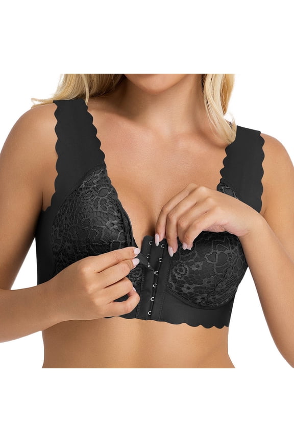 ,Women's Front Hook Wireless Bras,Plus Size Smoothing Seamless Comfort Bras Lace Trim Design, Wide Bands Plus Size Front Closure Everyday Bras for Old Women Black XL