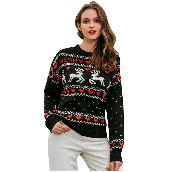Arlun Women's Funny Christmas Sweaters Long Sleeve Round Neck Knit Pullover Tops Cute Reindeer Tree Snowflake X-Mas Holiday Loose Cozy Sweater Black S