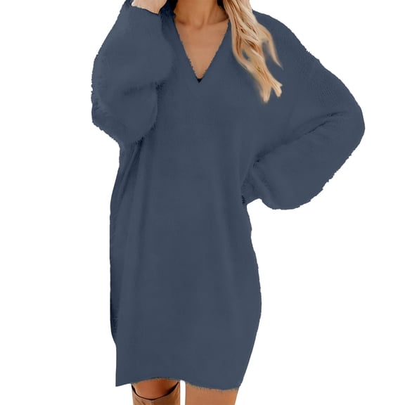 Arlun Women's Fuzzy Pullover Sweater Dresses Fall Winter Loose Crew Neck Long Sleeve Furry Midi Dress V-Neck Soft Comfy Solid Color 2025 Casual Outfits Navy S