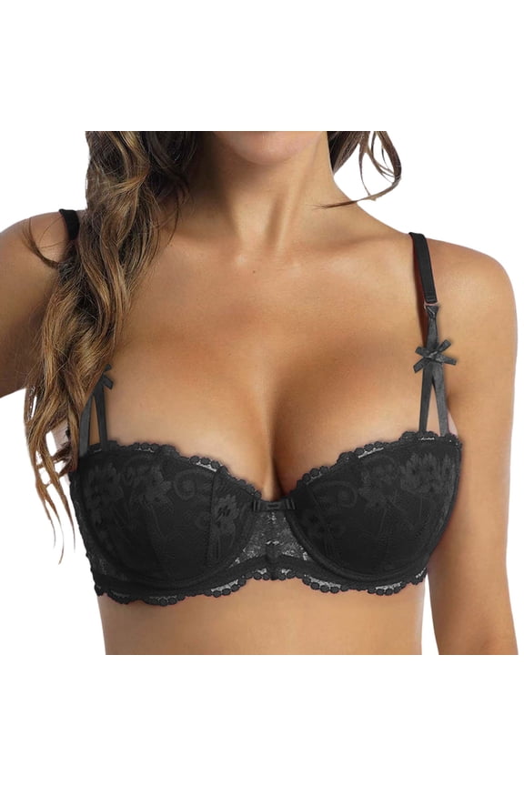 Women's Half-Cup Lace Bras Push up Support Gathered Bras Underwired Low Cut Mesh Bralettes Comfortable Breathable Lightweight Design Black3 32-S