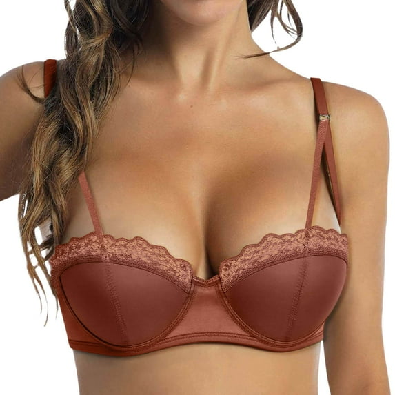 Arlun Women's Half-Cup Lace Bras Push up Support Gathered Bras Underwired Low Cut Mesh Bralettes Comfortable Breathable Lightweight Design Brick Red2 85-XL
