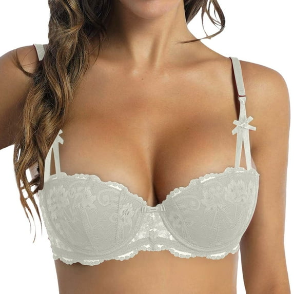 Arlun Women's Half-Cup Lace Bras Push up Support Gathered Bras Underwired Low Cut Mesh Bralettes Comfortable Breathable Lightweight Design White3 36-L