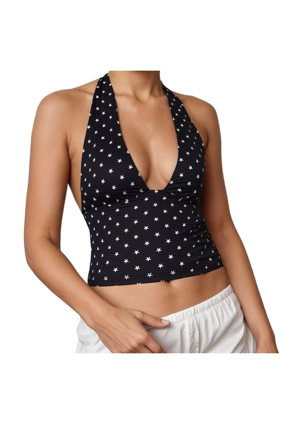 Women's Halter Tank Tops with Star Pattern Printing Deep V-Neck Backless Going out Tops Lightweight Soft Comfy Open Back Sleeveless Party Outfit Black M