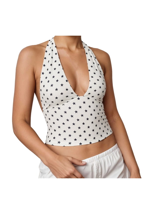 Women's Halter Tank Tops with Star Pattern Printing Deep V-Neck Backless Going out Tops Lightweight Soft Comfy Open Back Sleeveless Party Outfit White M