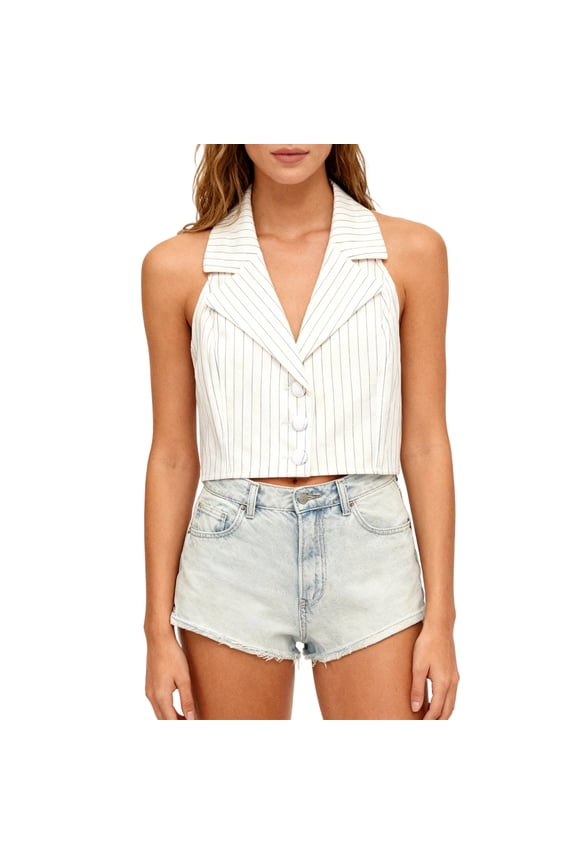 Women's Halter V-Neck Vest Button down V-Neck Backless Crop Tank Tops Trendy Striped Sleeveless Lapel Blazer Business Casual Waistcoat White M