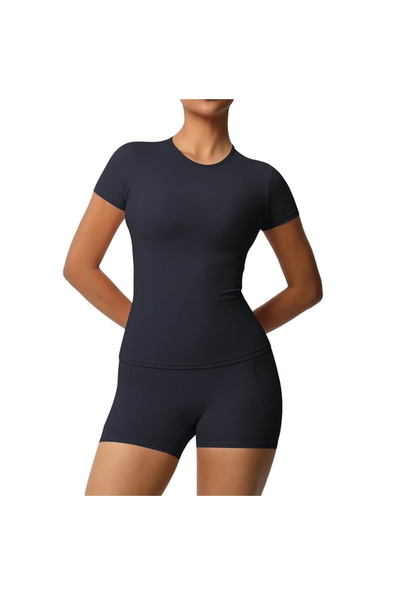 Women's High Waist Elastic Yoga Shorts with Short Sleeve Tight Sports Tops Sets 2 Piece Seamless Workout Outfits Solid Color Lightweight Comfortable Stretchy Gym Clothes Black M