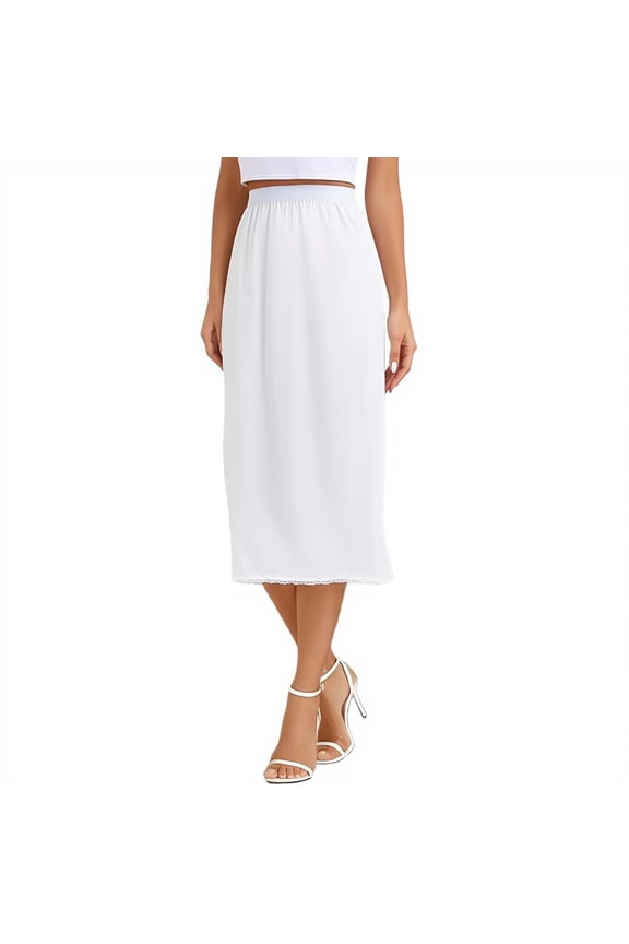 Women's High Waist Satin Midi Skirts Elegant Pure Color Elastic Straight Pencil Skirt for Work and Leisure Wear Lightweight Soft Cozy Lace Trim Knee Length Casual Skirts White XXL