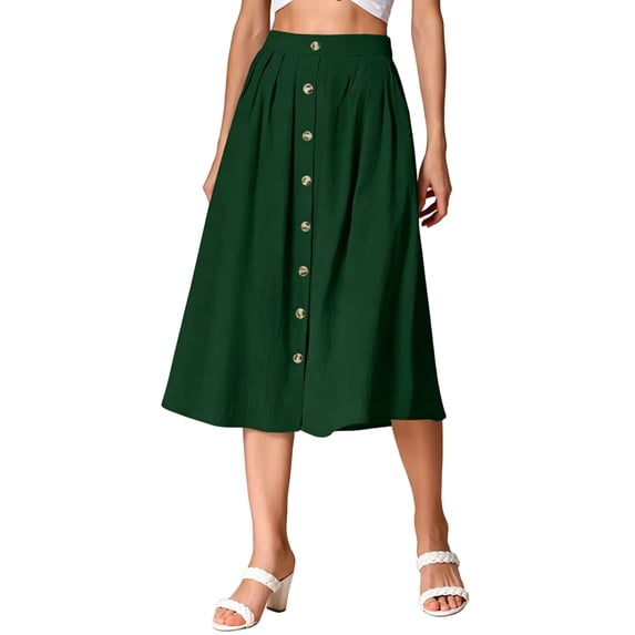Arlun Women's High Waisted Button Front Midi Skirts Summer Solid Color Loose Fit Below Knee Flowy A-Line Skirt with Pockets 2026 Simple and Stylish Beach Casual Skirts Green XL