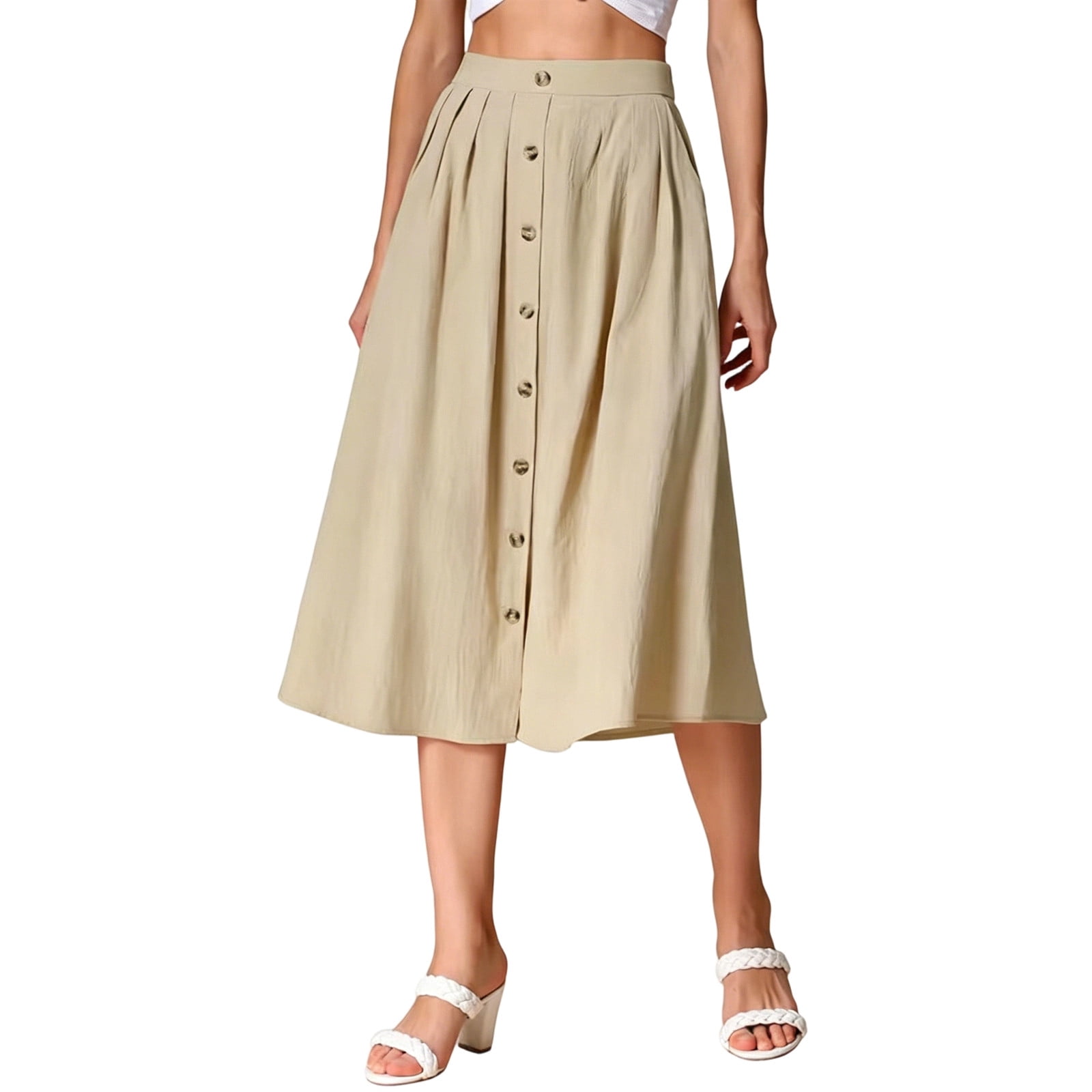 Arlun Women's High Waisted Button Front Midi Skirts Summer Solid Color ...