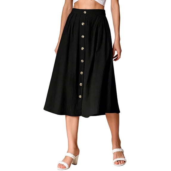 Arlun Women's High Waisted Button Front Midi Skirts Summer Solid Color Loose Fit Below Knee Flowy A-Line Skirt with Pockets 2026 Simple and Stylish Beach Casual Skirts Black L