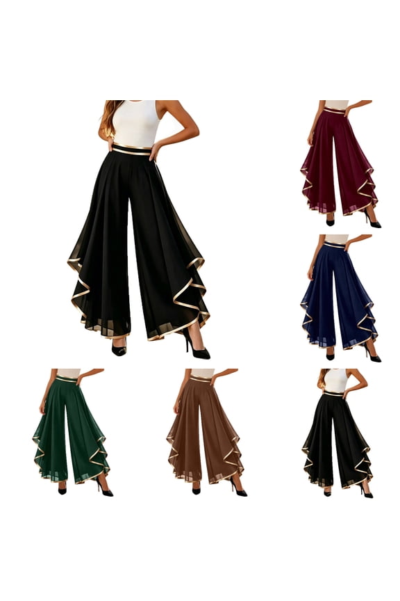 Women's High Waisted Layered Chiffon Ruffle Wide Leg Dress Pants Gold Trim Loose Flowy Slacks Modern Cut Lightweight Breathable Summer Mesh Palazzo Trousers 1-Black S