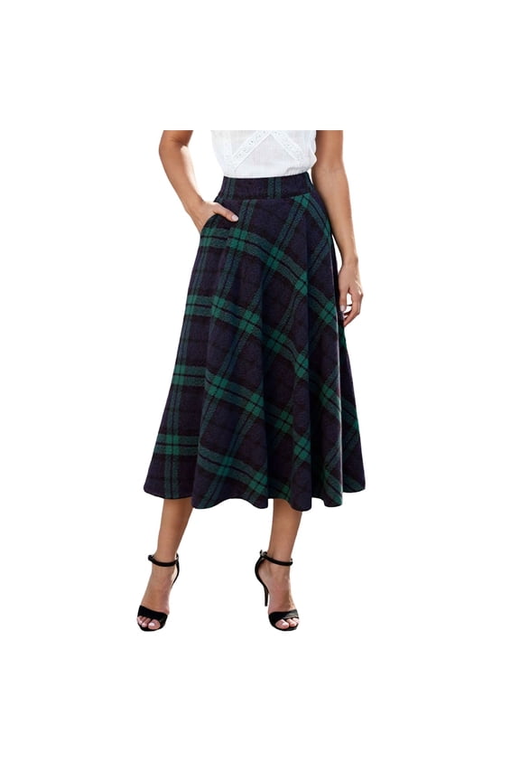 Women's High Waisted Plaid A-Line Pleated Maxi Skirts Fall Winter Warm Elastic Waist Wool Soft Comfort Long Skirts Loose Fit Stylish Checkered Print Casual Dress Green XXL