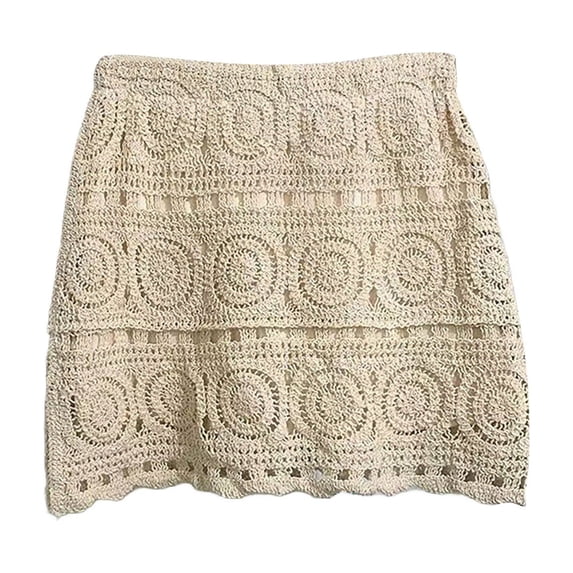 Arlun Women's Hollow out Crochet Knit Cover up Skirt High Waisted Sheer Beach Mini Skirts Elegant Solid Color Spring Summer Beach Skirt Beige One Size