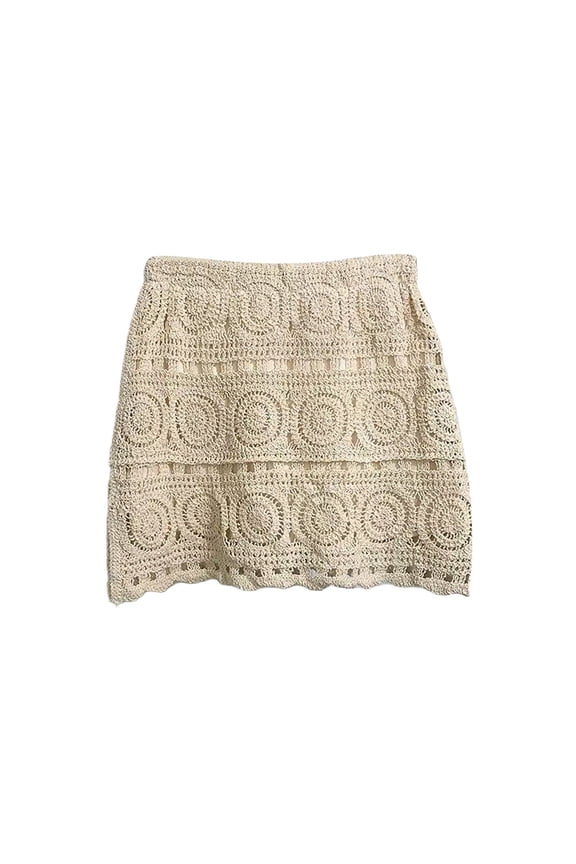 Women's Hollow out Crochet Knit Cover up Skirt High Waisted Sheer Beach Mini Skirts Elegant Solid Color Spring Summer Beach Skirt Beige One Size