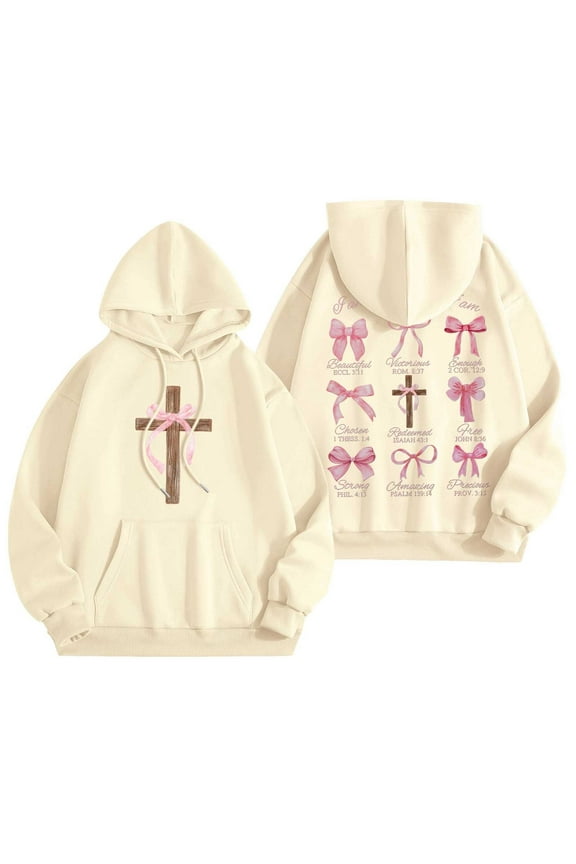 Women's Hoodies Sweatshirts Casual Drop Shoulder Cute Cross Graphic Printed Long Sleeve Hooded Tops Loose Comfy Drawstring Pullovers with Pocket Beige S