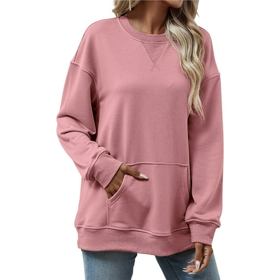 Arlun Women's Hoodless Sweatshirts Autumn Winter Casual Relaxed Fit Crew Neck Pullovers Soft Comfortable Solid Color Stylish Basic Tops with Pocket for Everyday Wear Pink XL