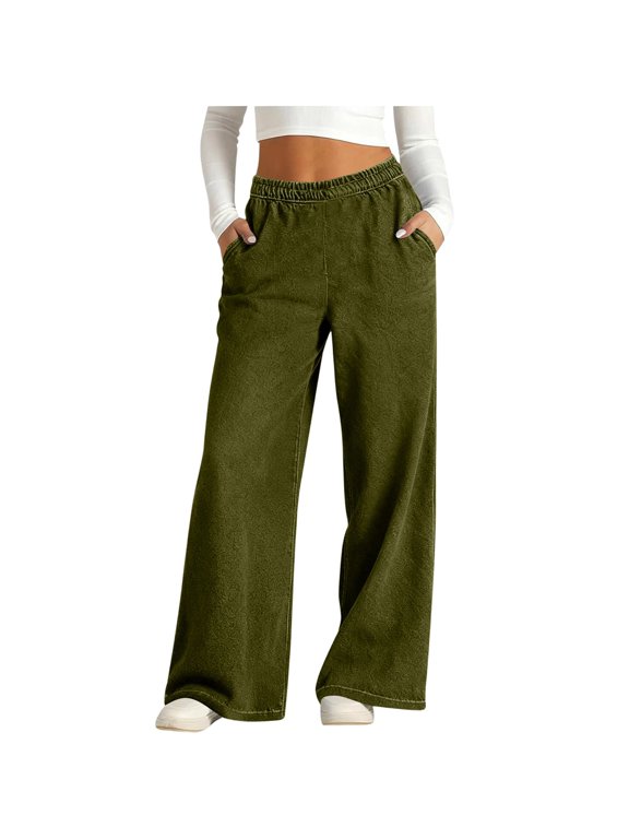 Women's Imitate Washing Jean Pants Wide Leg Elastic Waisted Loose Soft Comfort Denim Texture Casual Trousers for Spring and Summer Stylish Bottoms with Pockets Army Green S